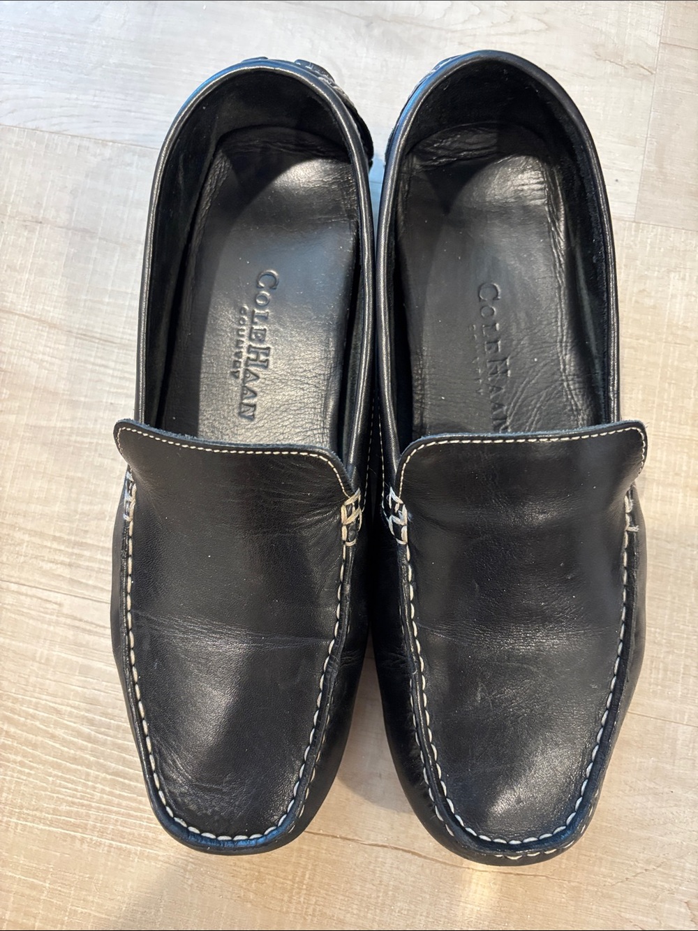 New, Cole Haan Smooth Black Leather Slip-On Loafers with Contrast Stitching